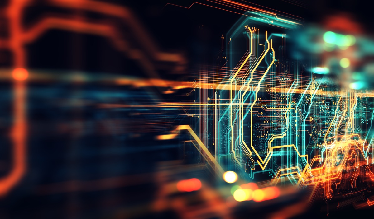 Glowing circuit board traces and digital light trails on a dark background.