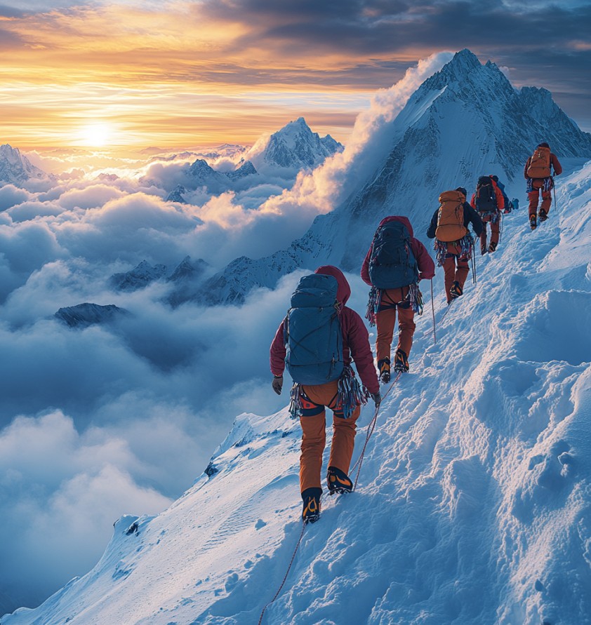 Team of mountaineers climbing a snowy ridge above clouds at sunrise.